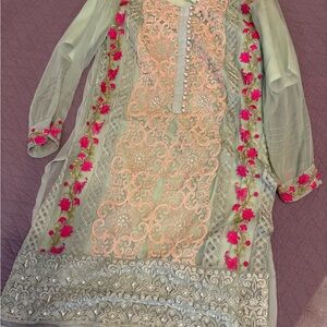 Elegant Embroidered Green and Pink Dress